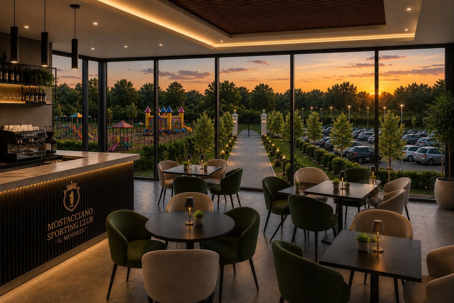 Lounge bar con vetrate verso l'impianto