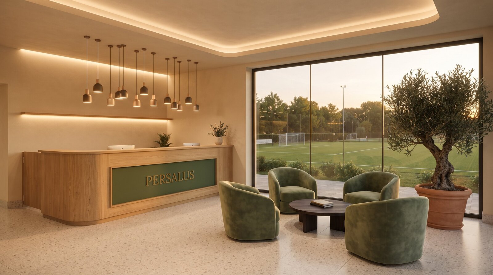 Accoglienza PerSalus con desk in rovere e pannello verde, poltroncine in velluto e vetrata sul campo