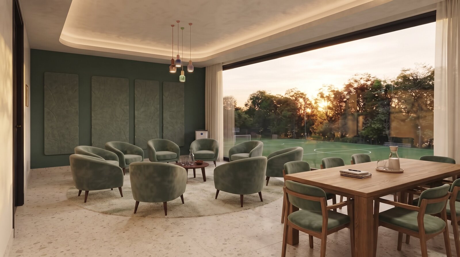 Sala con cerchio di poltroncine in velluto verde per le terapie di gruppo e tavolo in rovere per le riunioni dell'équipe, vetrata sul campo