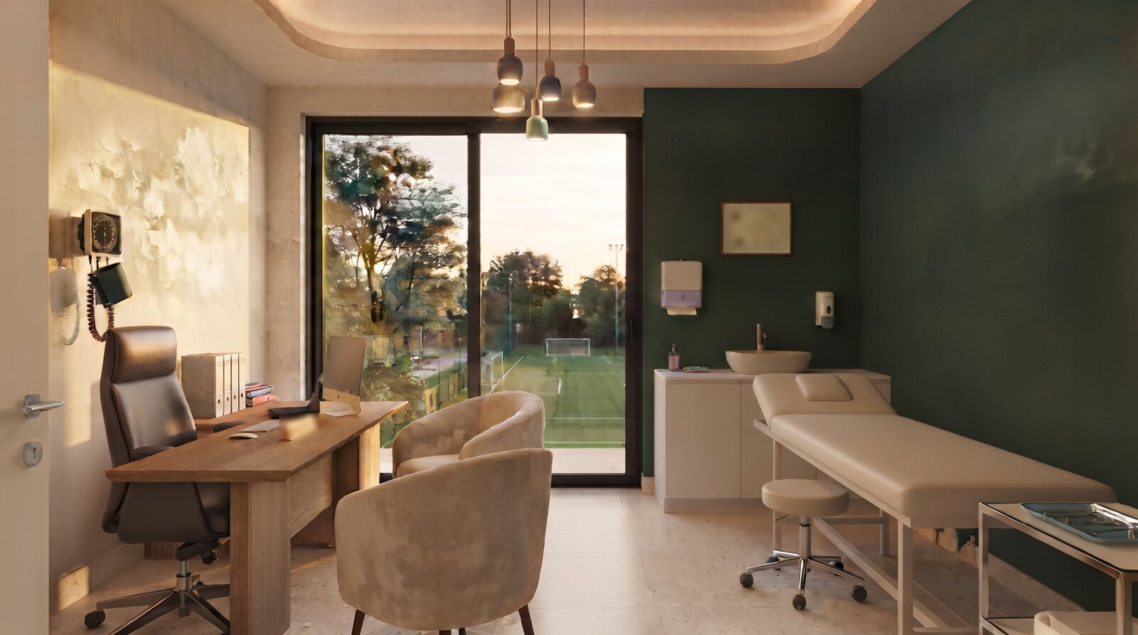 Studio medico con scrivania in rovere, lettino da visita, parete verde e vista sul campo