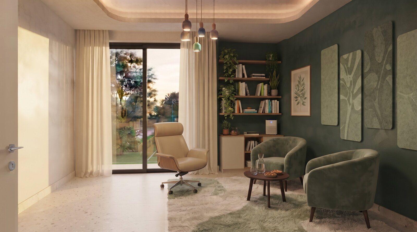 Studio di psicoterapia con poltrone in velluto, libreria e pannelli acustici