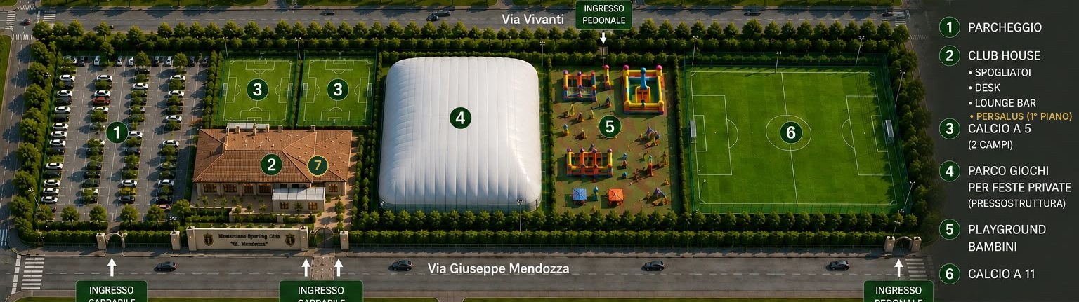Planimetria numerata dell'impianto, con PerSalus al punto 7 sopra la club house