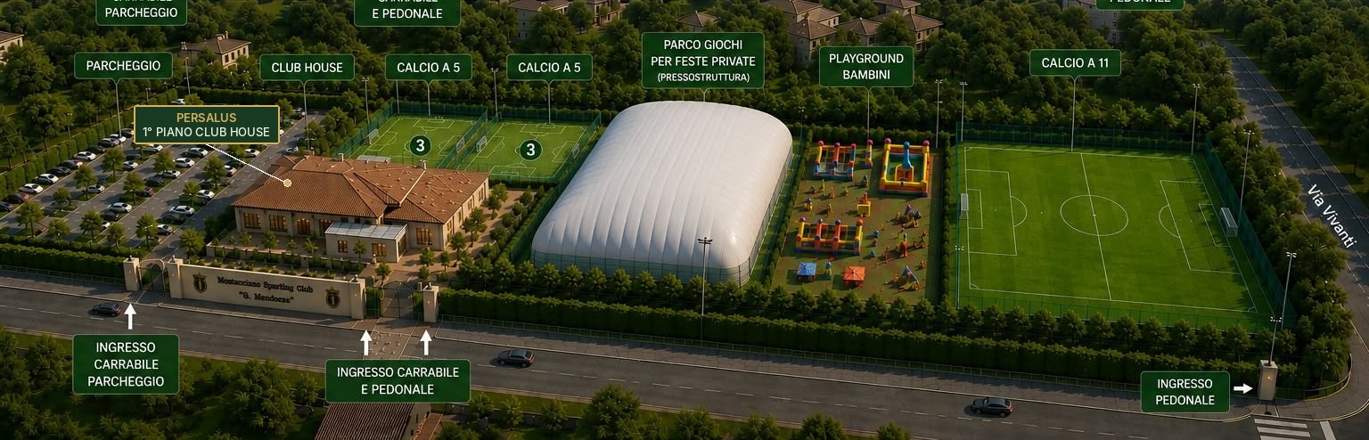 Vista aerea del progetto: parcheggio, club house con PerSalus al primo piano, campi a 5, parco giochi, playground e campo a 11